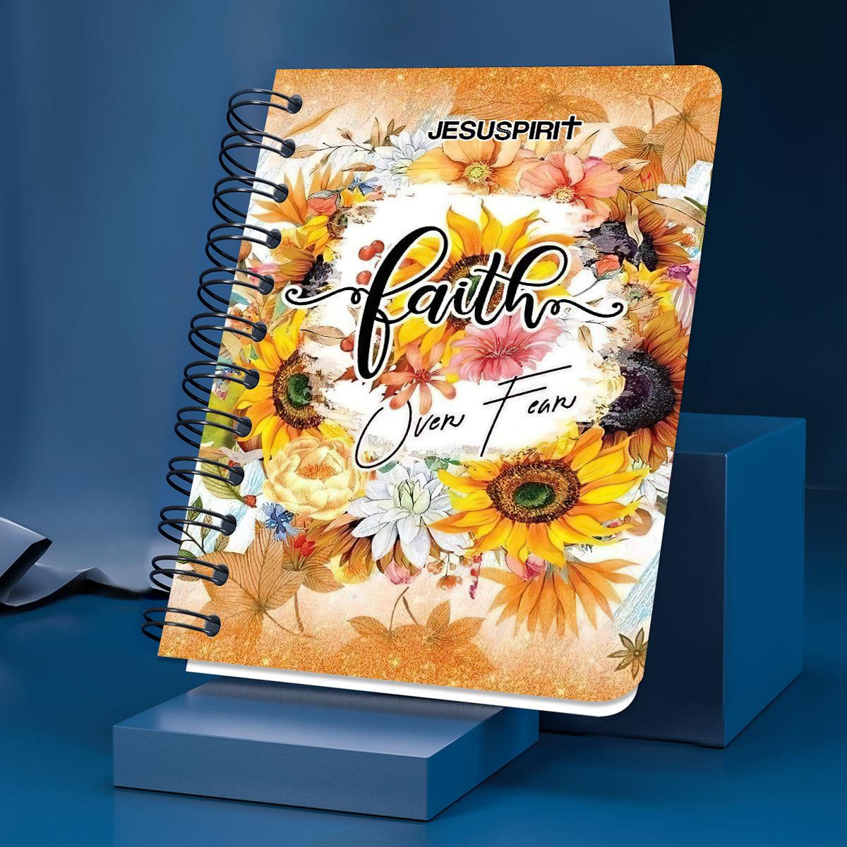 God And Lamb Faith Over Fear Personalized Sunflower Spiral Journal, Spiritual Gift Faith For Christians