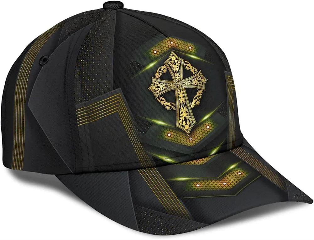 God Cross Metal Gold All Over Print Baseball Cap, God Cap, Gift Ideas For Male