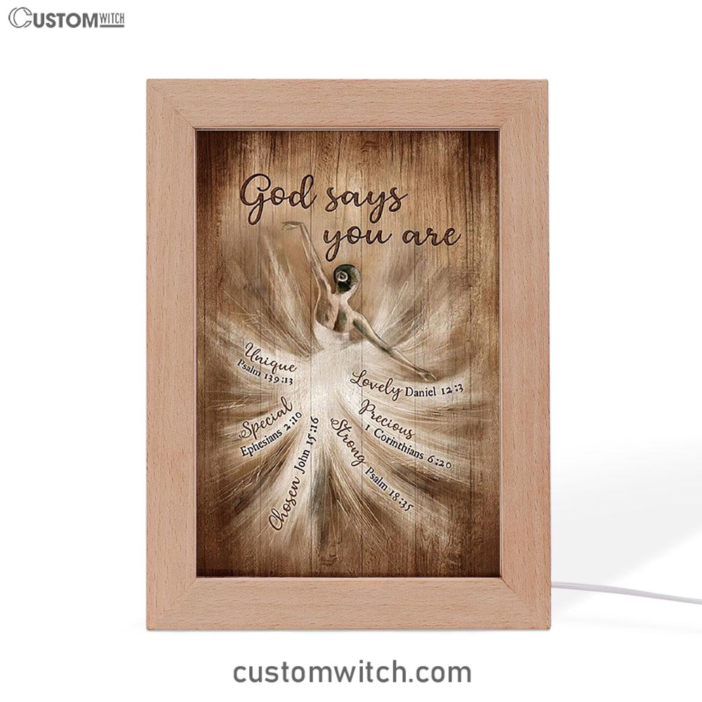 God Says You Are Ballerina Vintage Frame Lamp Art - Christian Night Light - Bible Verse Wooden Lamp