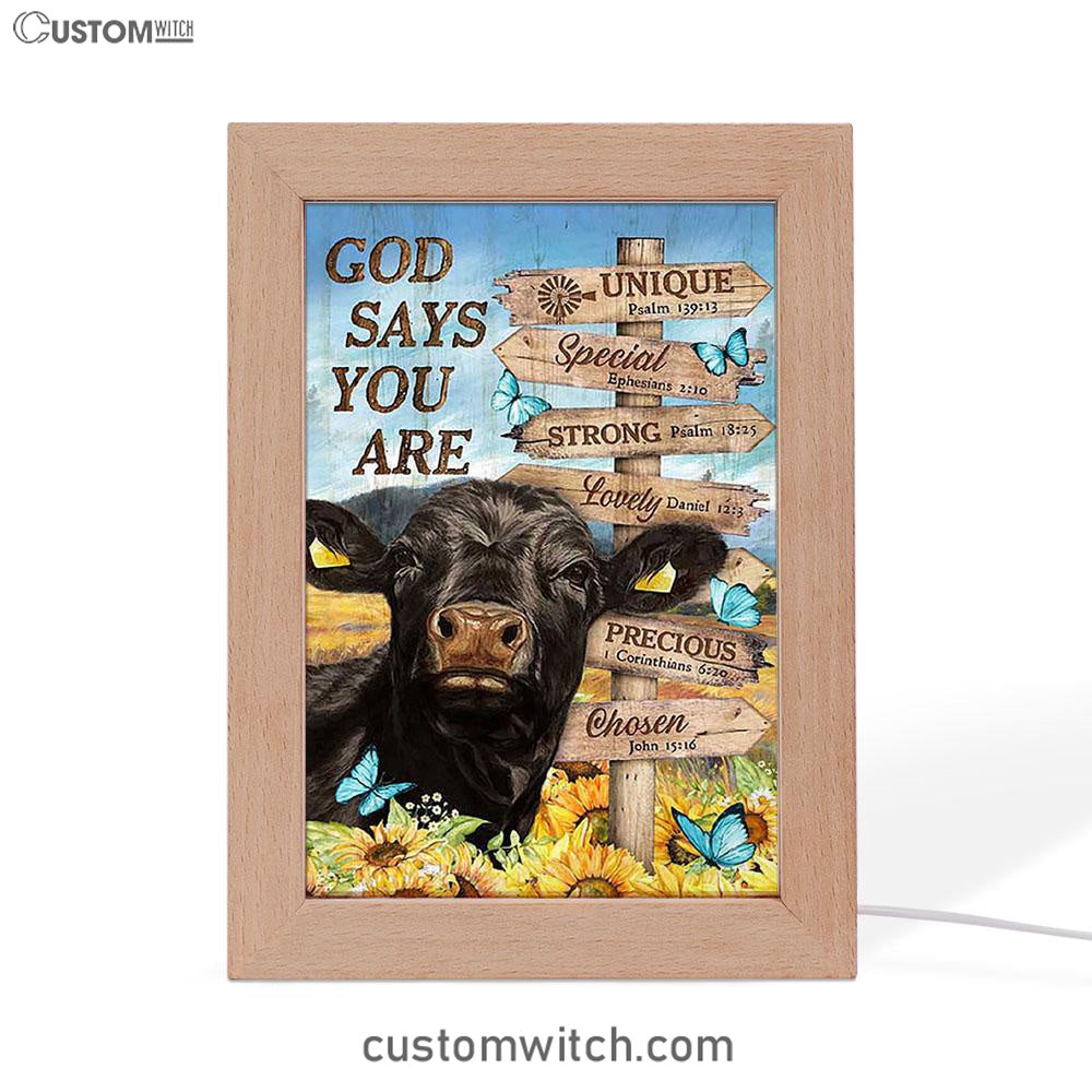 God Says You Are Black Cow Sunflower Field Frame Lamp Art - Bible Verse Wooden Lamp - Inspirational Art - Christian Home Decor