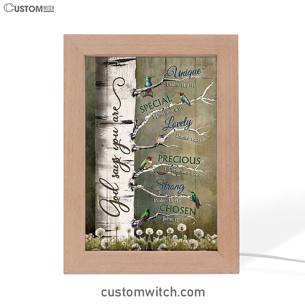 God Says You Are Hummingbirds Dandelion Frame Lamp Art - Bible Verse Wooden Lamp - Inspirational Art - Christian Home Decor