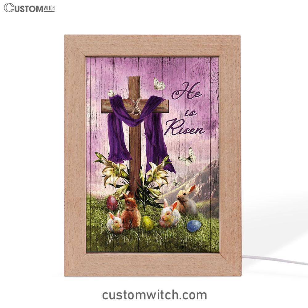 He Is Risen Easter Bunny Cross Lily Flower White Butterfly Purple Silk Frame Lamp Art - Bible Verse Art - Christian Inspirational Decor
