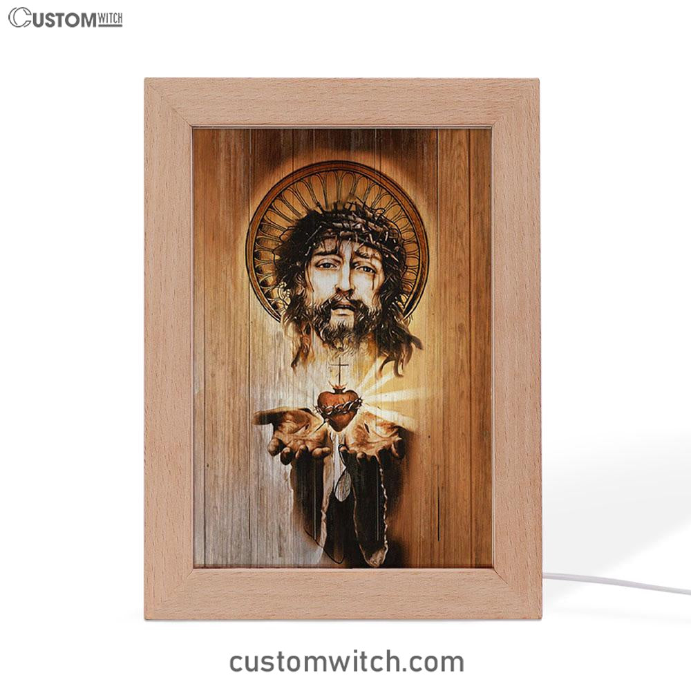 Heart Jesus Face Crown Of Thorn Jesus Frame Lamp Art - Christian Night Light - Bible Verse Wooden Lamp