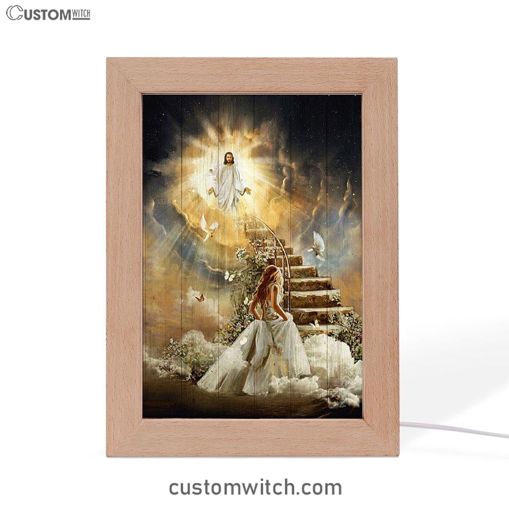 Heaven Holy Spirit Dove Stair To Heaven Welcome Home Frame Lamp Art - Christian Night Light - Bible Verse Wooden Lamp