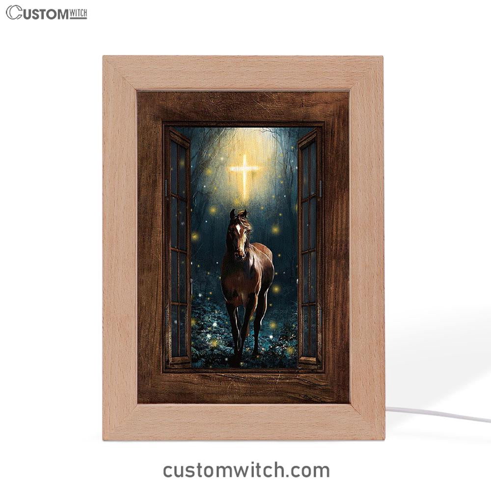 Horse Firefly Cross Wooden Window Frame Lamp Art - Bible Verse Art - Christian Inspirational Decor