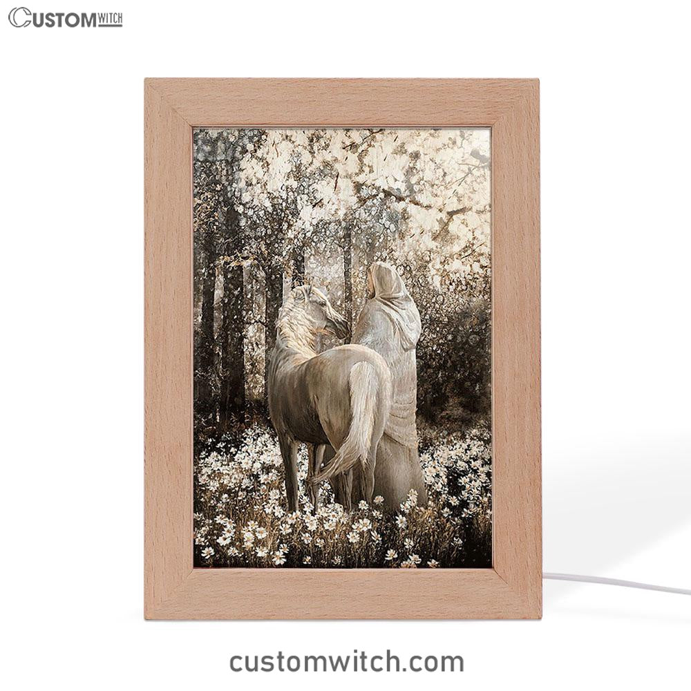 Horse Walking With Jesus Into The Forest Frame Lamp Art - Bible Verse Art - Christian Inspirational Decor
