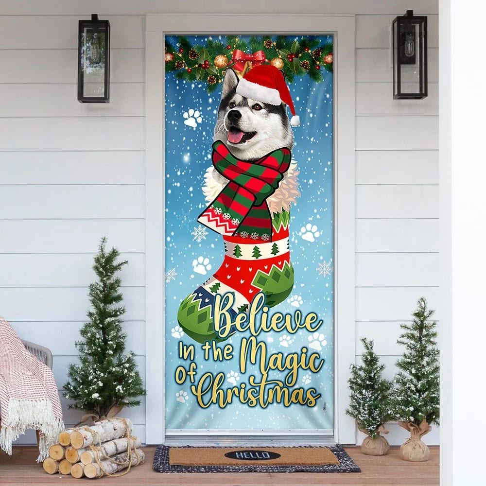 Husky In Sock Door Cover, Believe In The Magic Of Christmas Door Cover, Christmas Garage Door Covers, Christmas Outdoor Decoration