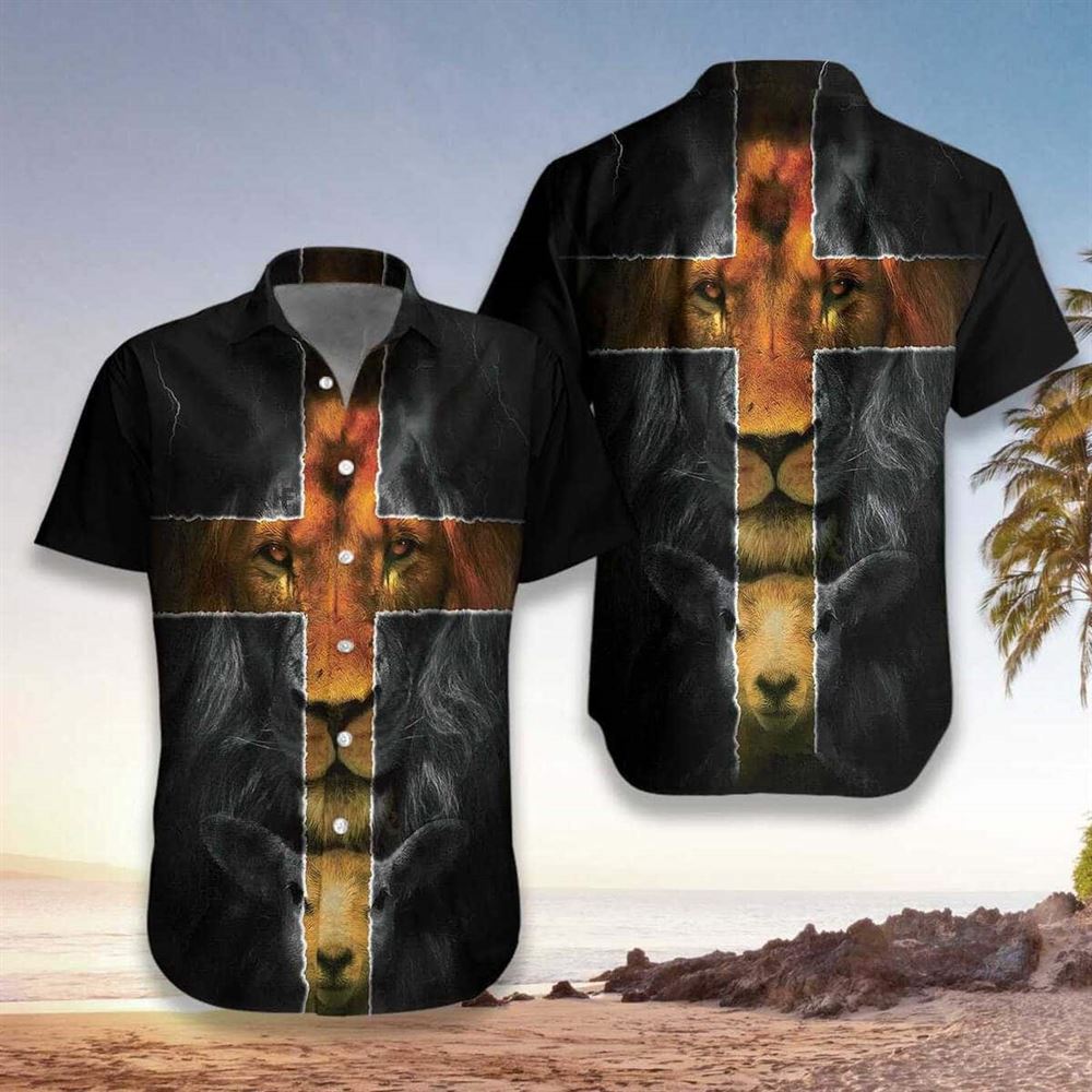 Jesus Amazing Lion And Lamb Christian Cross Hawaiian Shirt For Men, Christian Hawaiian Shirt, Gift For Christian