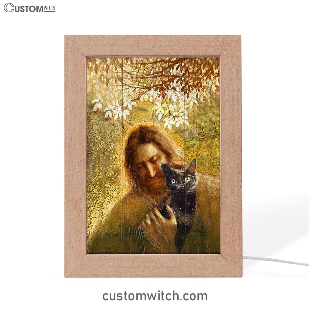 Jesus And Black Cat Frame Lamp Art - Bible Verse Wooden Lamp - Inspirational Art - Christian Home Decor