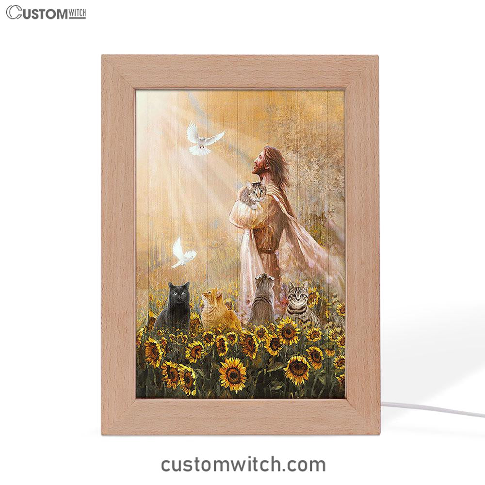 Jesus And Cat Sunflower Garden Frame Lamp Art - Christian Art Decor - Gift For Cat Lover
