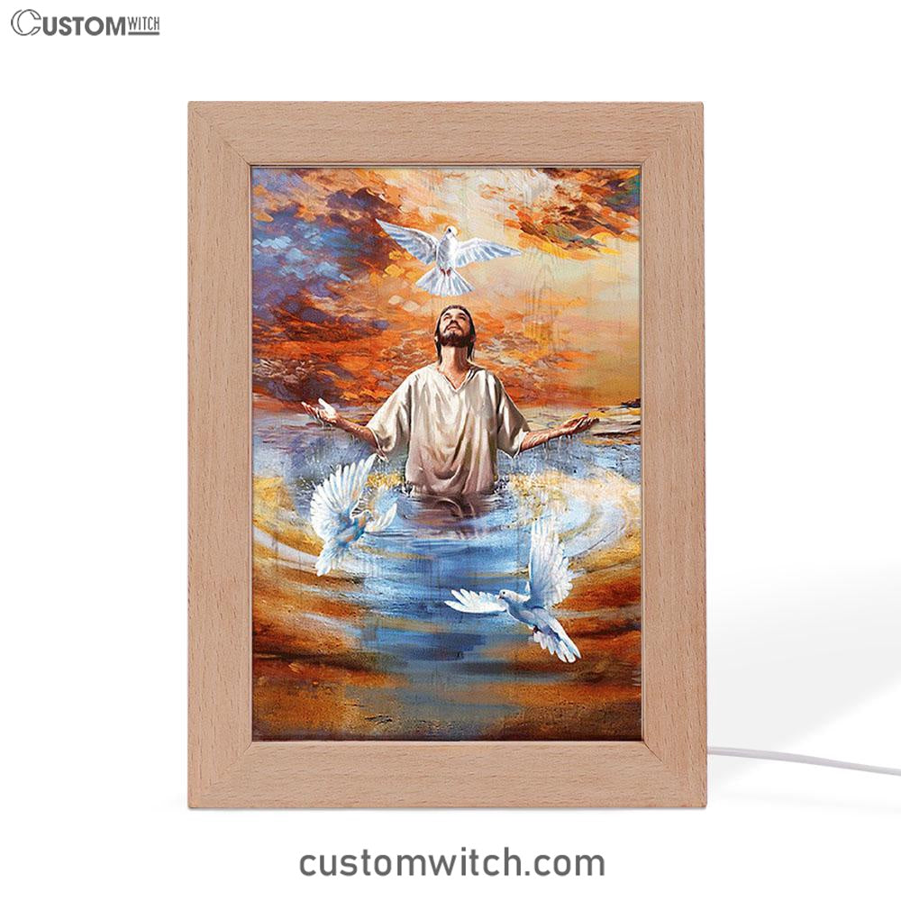 Jesus And Doves Baptism Frame Lamp Art - Bible Verse Wooden Lamp - Inspirational Art - Christian Home Decor