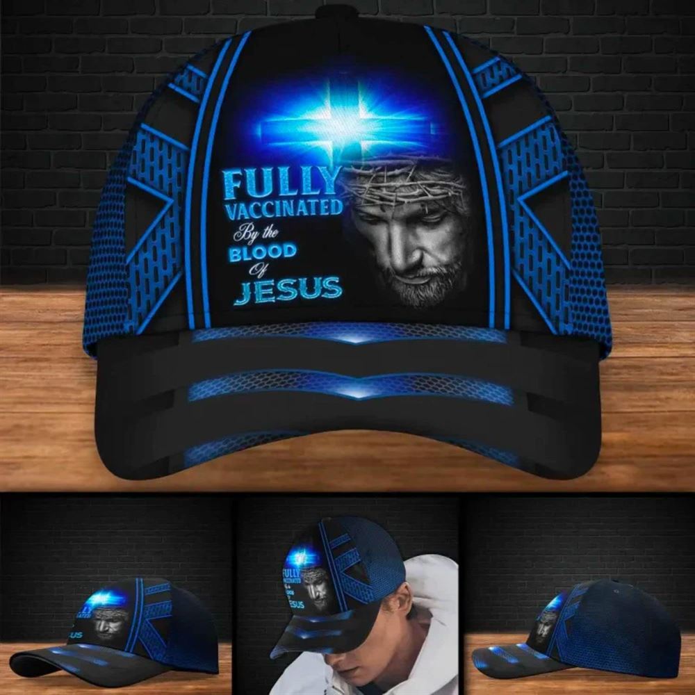 Jesus Blue Cross Light Fully Vaccinated By The Blood Of Jesus All Over Print Baseball Cap, God Cap, Gift Ideas For Male