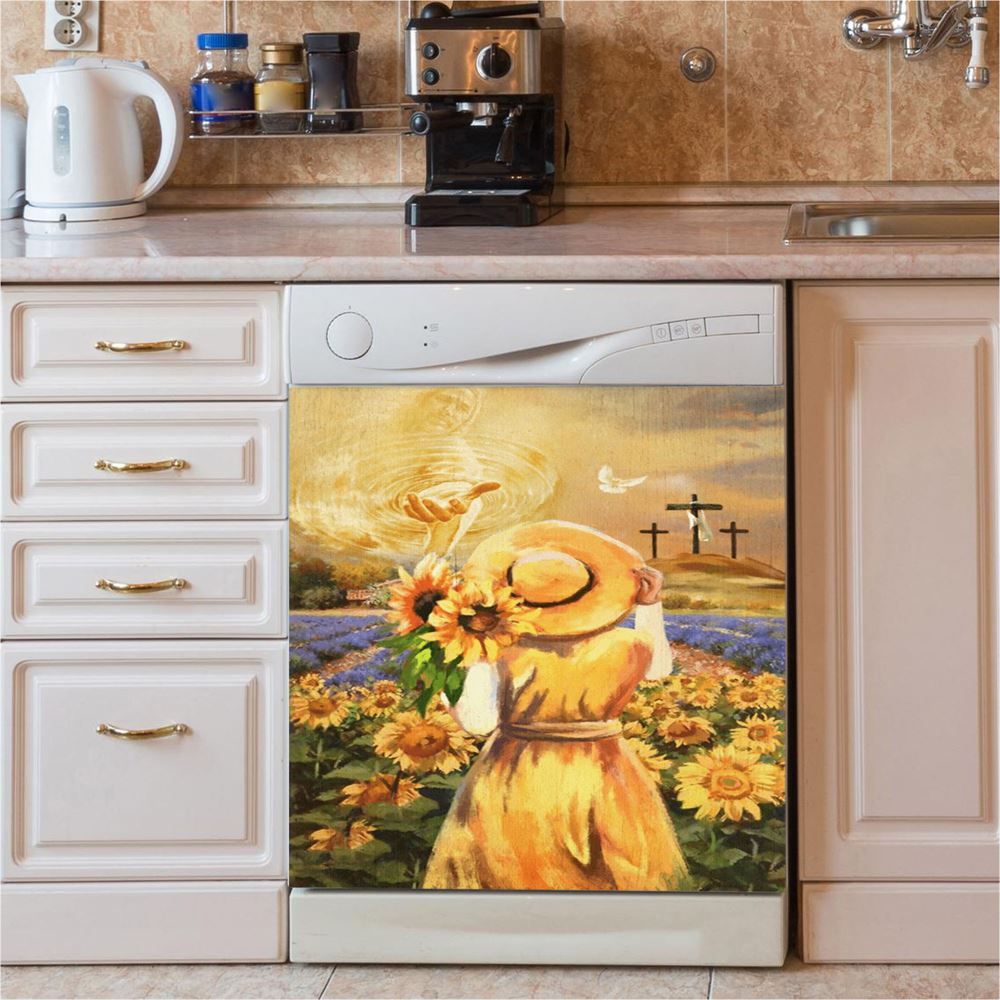 Jesus Hand Beautiful Girl Sunflower Field Cross Dishwasher Cover, Jesus Christ Dishwasher Stickers, Christian Kitchen Decor