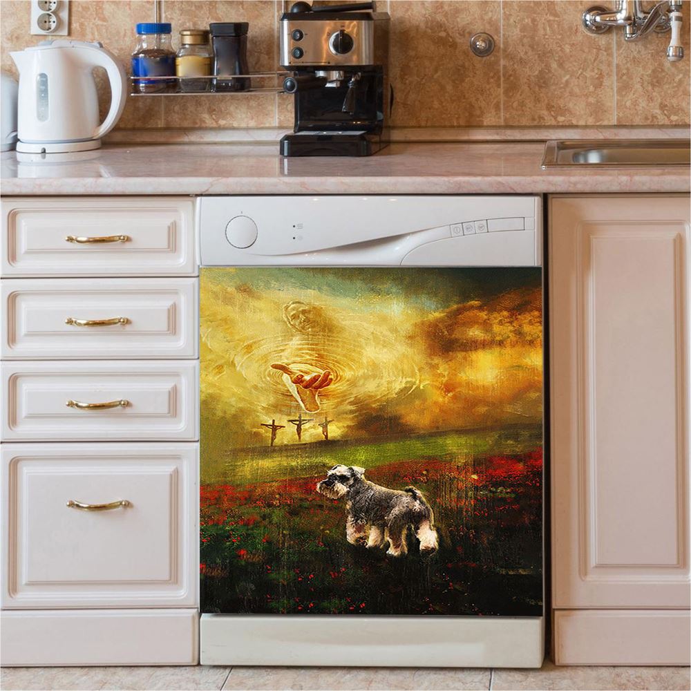 Jesus Hand Schnauzer Flower Field Dishwasher Cover, Christian Dishwasher Stickers, Religious Kitchen Decor