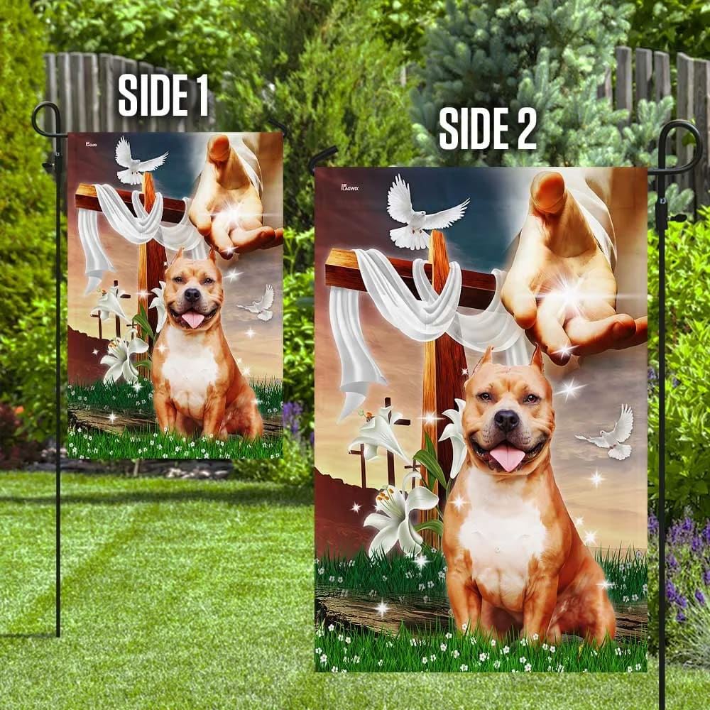 Jesus Hand The Lilies And Dog Pitbull House Flag, Christian Flag, Christian Flag, Scripture Flag, Garden Banner