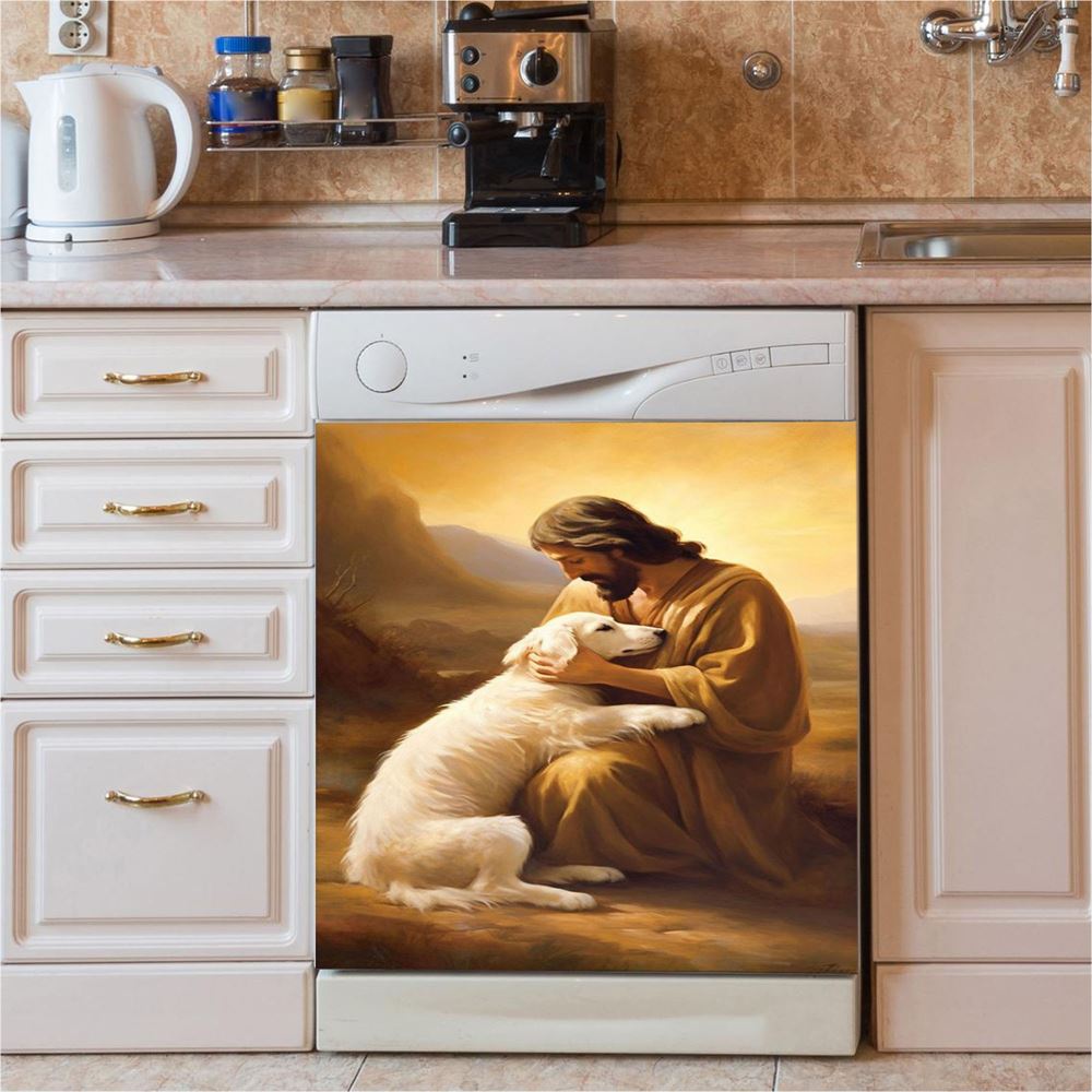 Jesus Holding A Dog Custom Dishwasher Cover, Personalized Pet Memorial Dishwasher Stickers, Pet Memorial Gifts