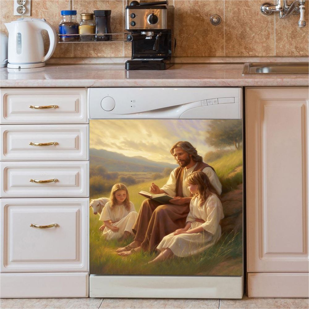 Jesus Is Teaching Children About Bible In The C1 Dishwasher Cover, Jesus Dishwasher Stickers, Christian Kitchen Decor