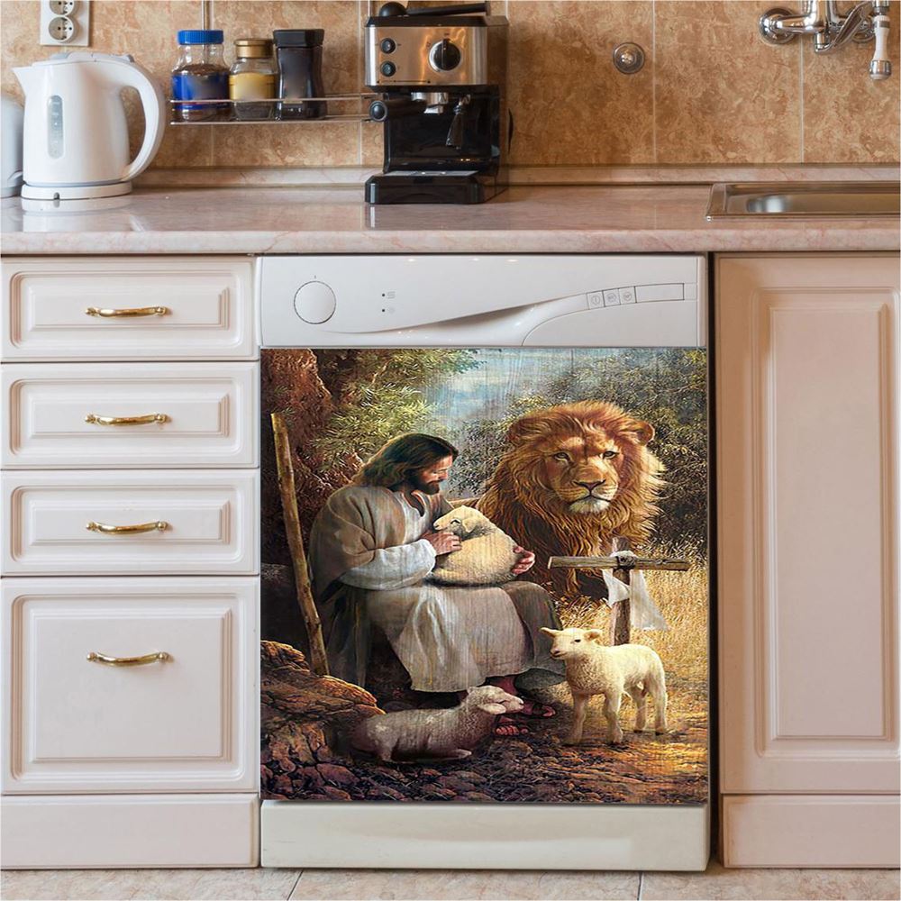 Jesus Lion Of Judah And The Lambs Dishwasher Cover, Bible Verse Dishwasher Stickers, Inspirational Kitchen Decor