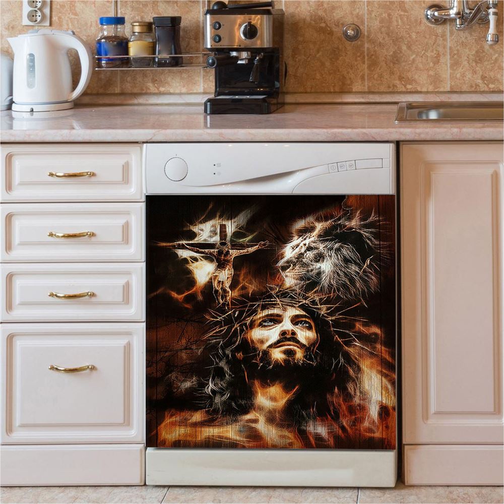Jesus Lion Of Judah Cross Dishwasher Cover, Jesus Portrait Dishwasher Stickers, Christian Kitchen Decor