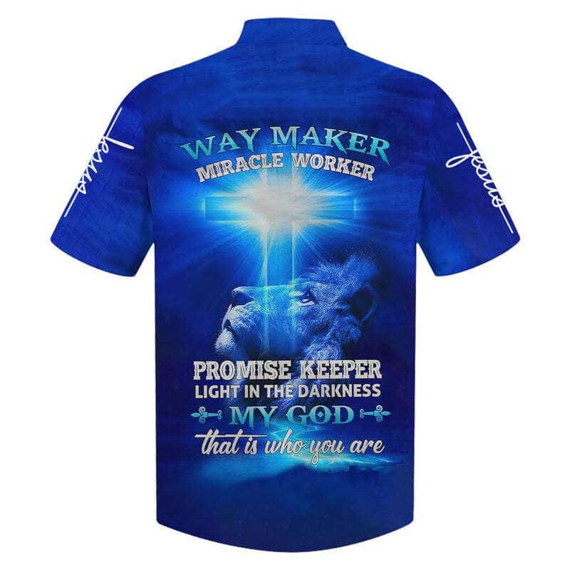 Jesus Lion Way Maker Miracle Worker Promise Keeper Light In The Darkness Blue Christian Faith Hawaiian Shirt, Christian Hawaiian Shirt, Religious Gift
