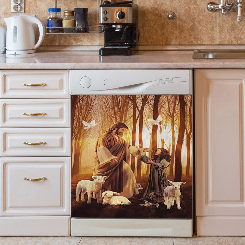 Jesus Little Girl Lamb Of God White Dove Dishwasher Cover, Jesus Portrait Dishwasher Stickers, Christian Kitchen Decor