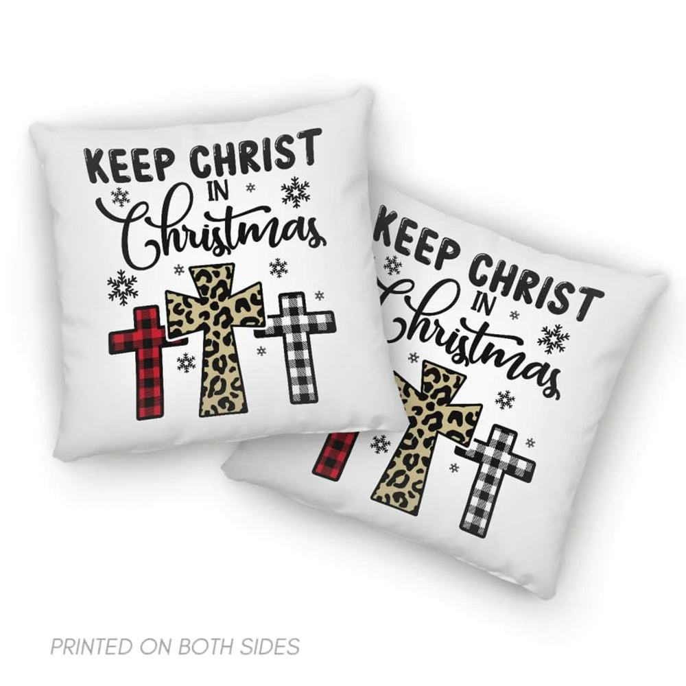 Jesus Pillow, Christian, Snowflakes, Three Crosses, Buffalo Plaid Leopard Pillow, Keep Christ in Christmas Pillow, Christmas Throw Pillow