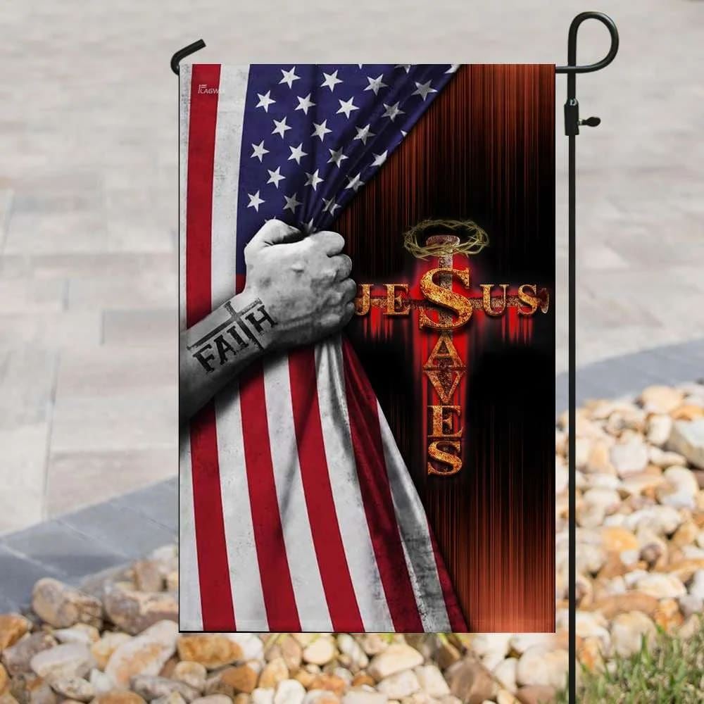 Jesus Saves American US House Flags, Christian Flag, Scripture Flag, Garden Banner