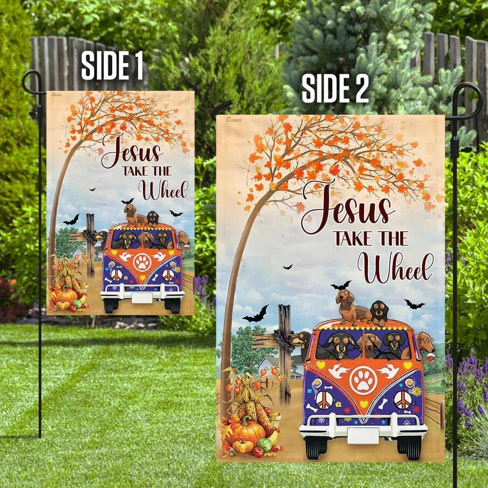 Jesus Take The Wheel Dachshund House Flag, Christian Flag, Christian Flag, Scripture Flag, Garden Banner