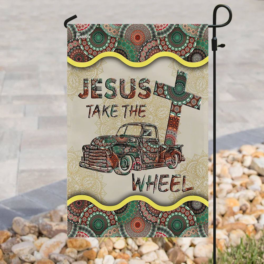 Jesus Take The Wheel Vintage Mandala House Flag, Christian Flag, Christian Flag, Scripture Flag, Garden Banner