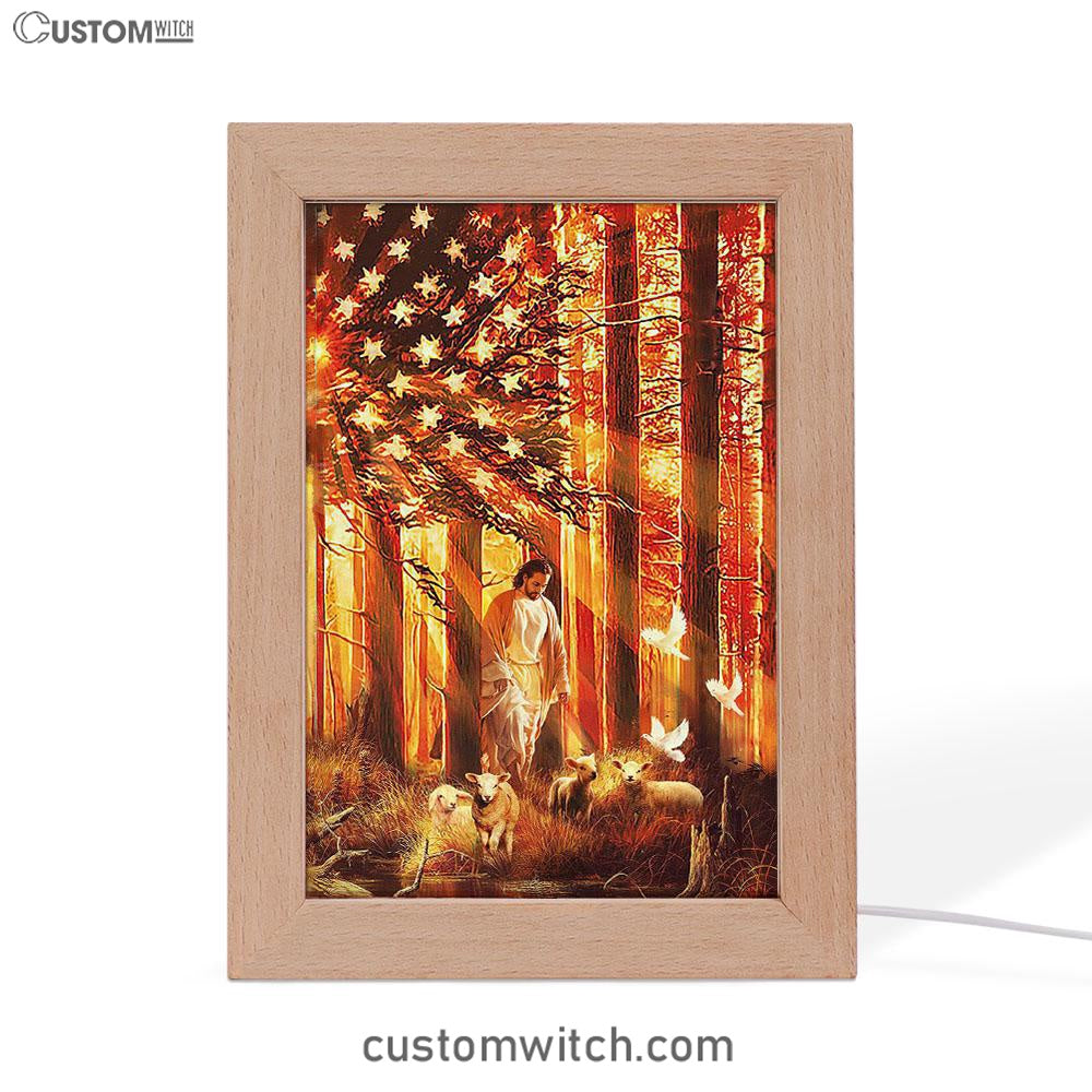 Jesus & The Lambs Frame Lamp Art - Jesus Frame Lamp Pictures - Christian Night Light
