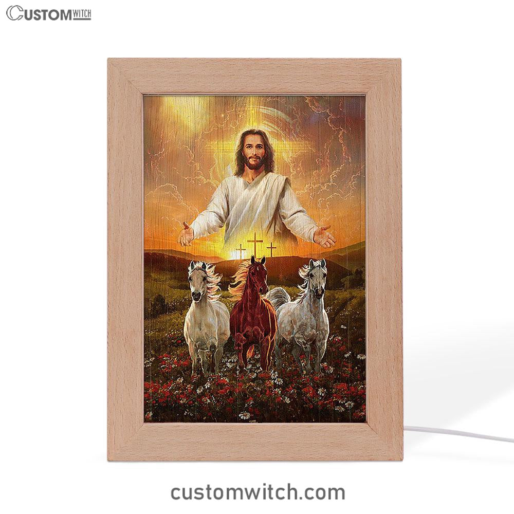 Jesus Three Wooden Crosses Gorgeous Horses Running At Sunrise Frame Lamp Art - Christian Frame Lamp - Gift For Horse Lover