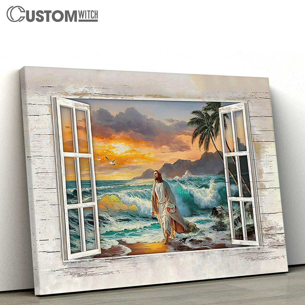 Jesus Walking On The Beach Window Frame Canvas Art - Bible Verse Wall ...