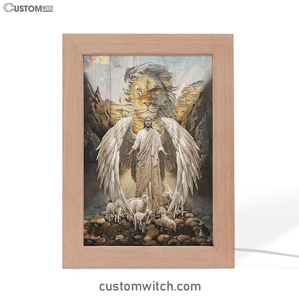 Jesus Wings Lamb Lion Frame Lamp Prints - Lion Frame Lamp Art - Christian Inspirational Frame Lamp