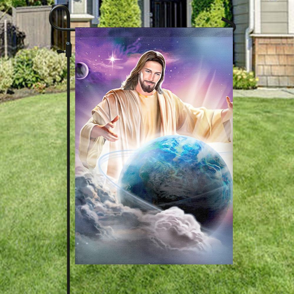 Jesus With Earth, Jesus Holding Earth, God Has The Whole World In His Hands, Jesus Flag, Garden Flag, Welcome Flag, Christian Flag, Scripture Flag