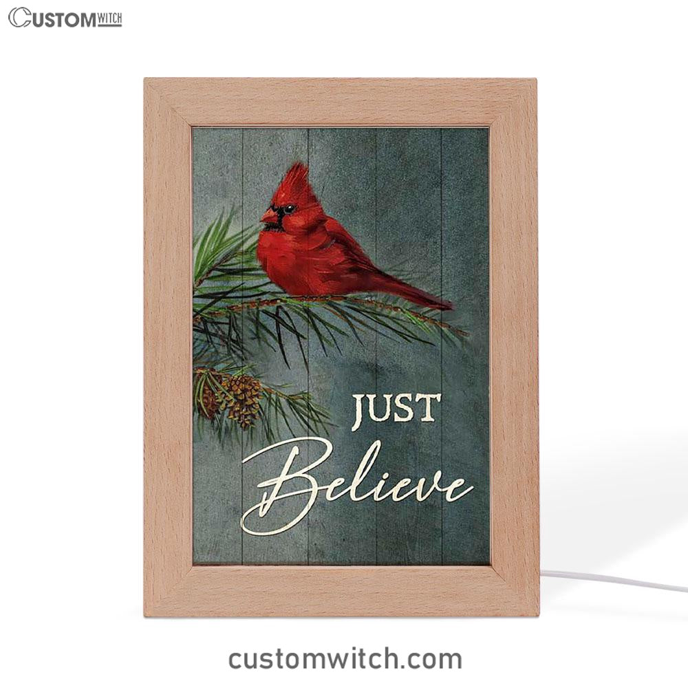 Just Believe Pretty Cardinal Pine Cone Tree Art Frame Lamp - Bible Verse Wooden Lamp - Christian Art Home Decor