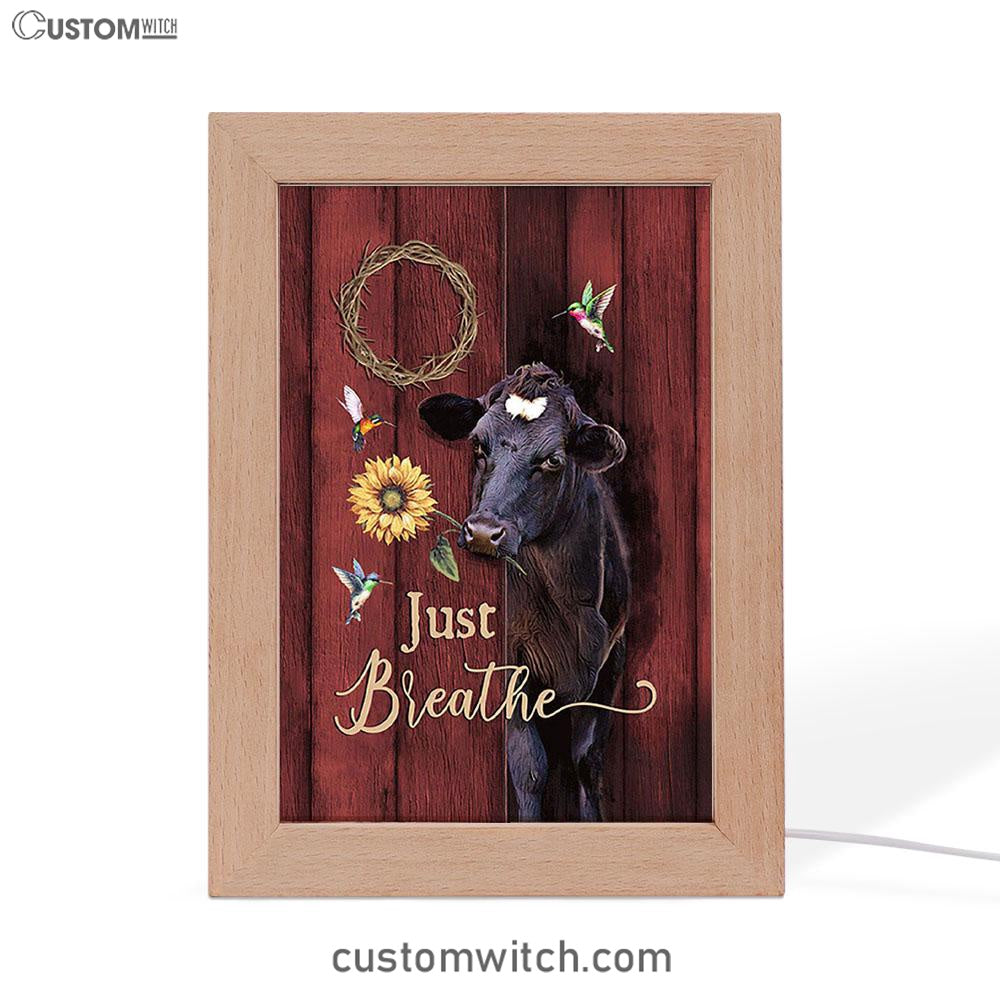 Just Breath Angus Cow Sunflower Frame Lamp Art - Christian Night Light - Bible Verse Wooden Lamp
