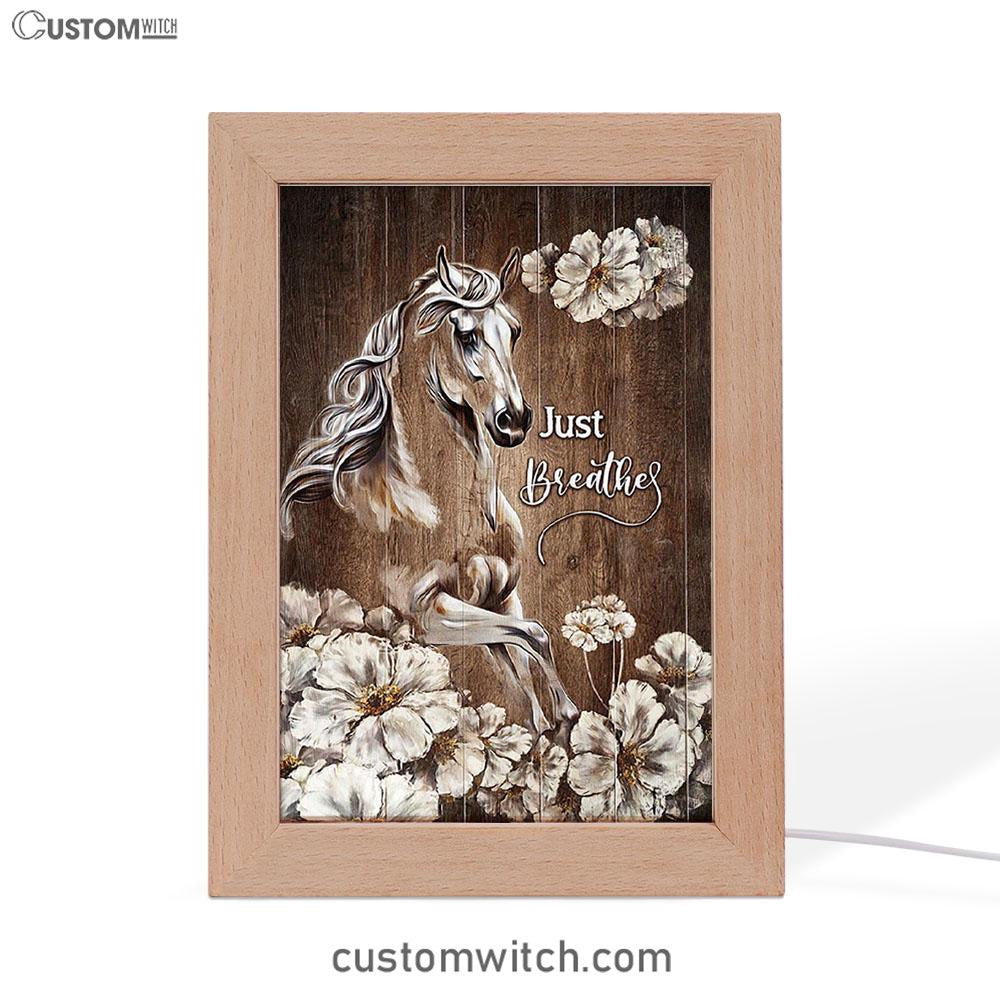Just Breath Horse Beautiful White Flower Art Frame Lamp - Bible Verse Wooden Lamp - Christian Art Home Decor