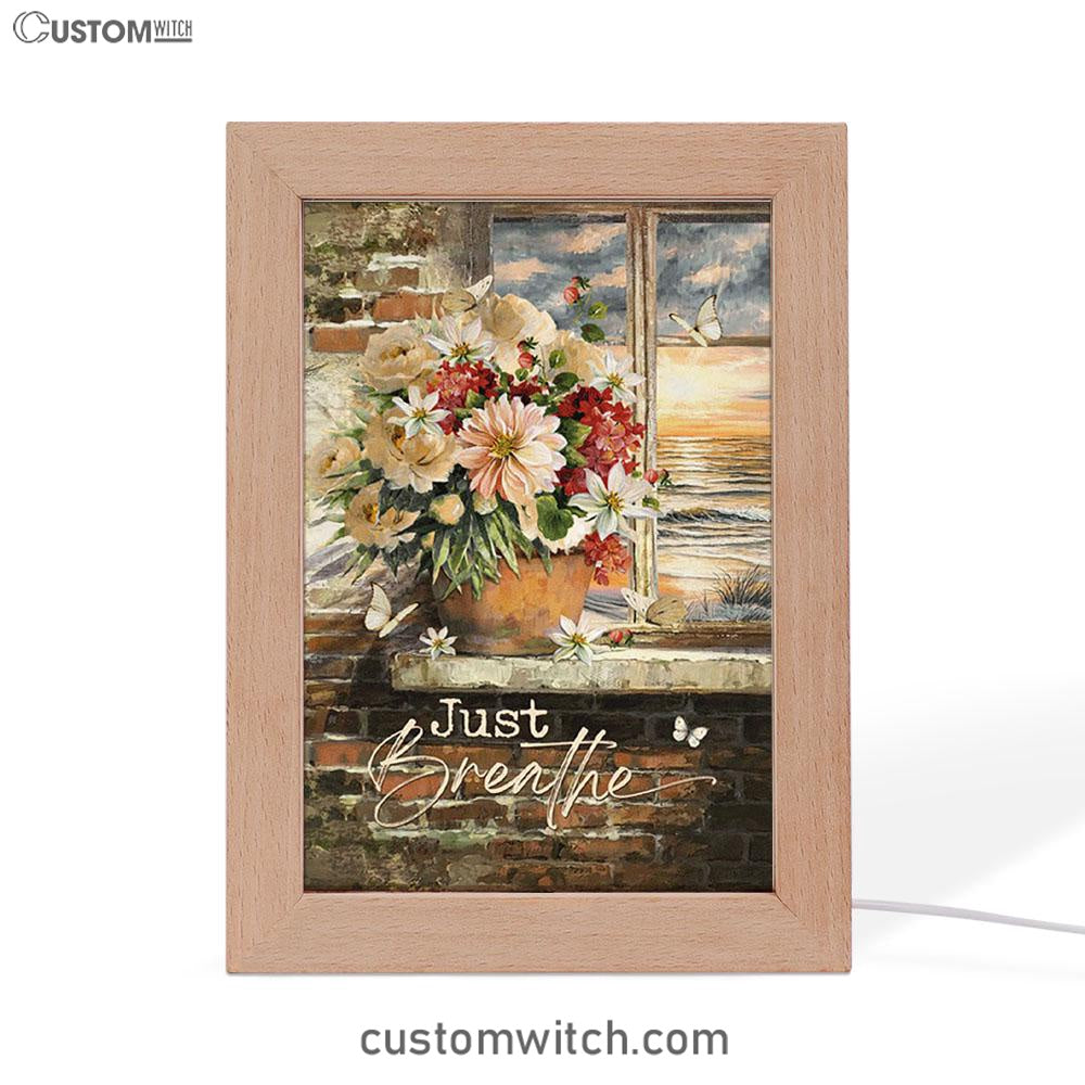 Just Breathe Flowers White Peony Ocean View Frame Lamp Art - Bible Verse Wooden Lamp - Inspirational Art - Christian Home Decor