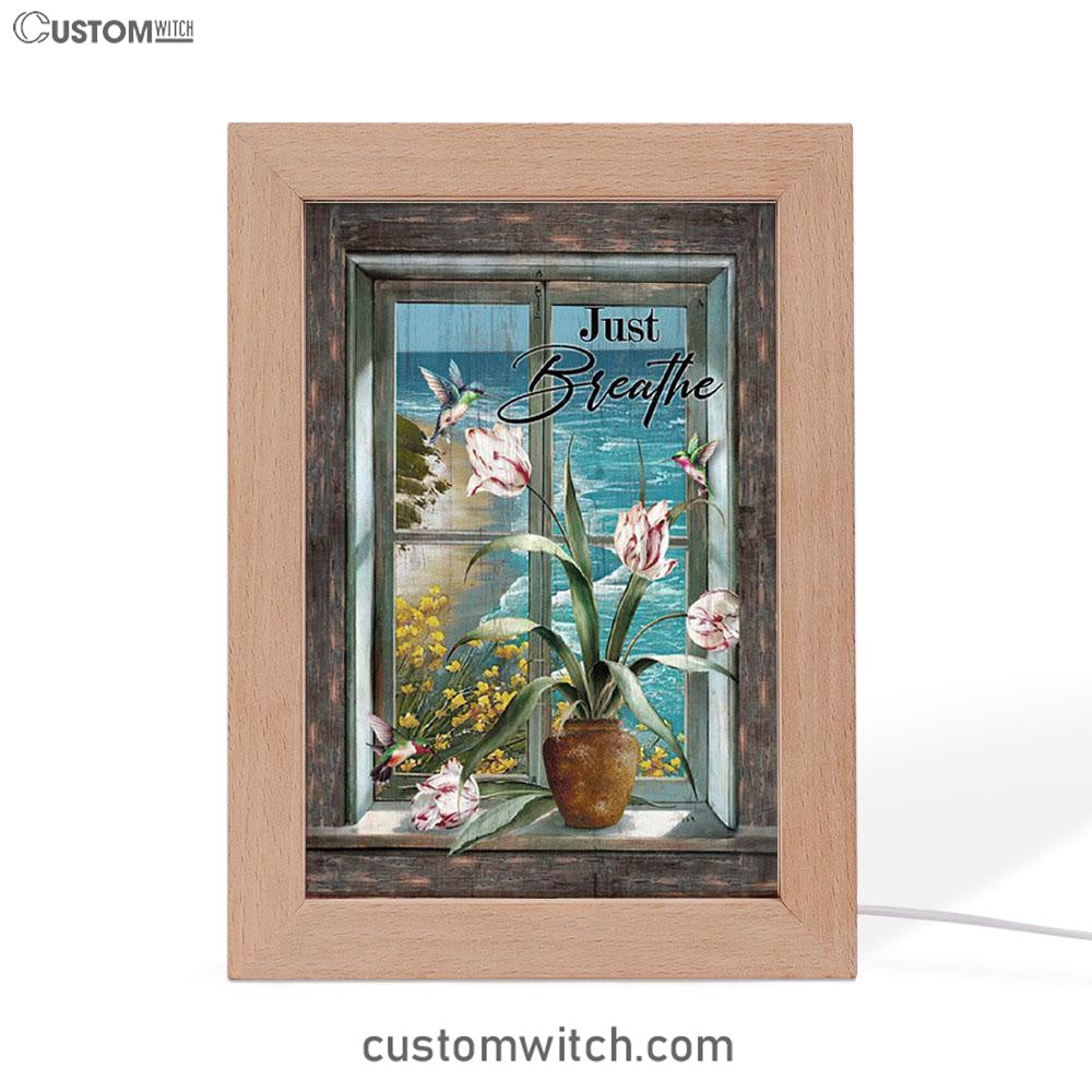 Just Breathe Hummingbird Blue Ocean Frame Lamp Art - Bible Verse Wooden Lamp - Inspirational Art - Christian Home Decor