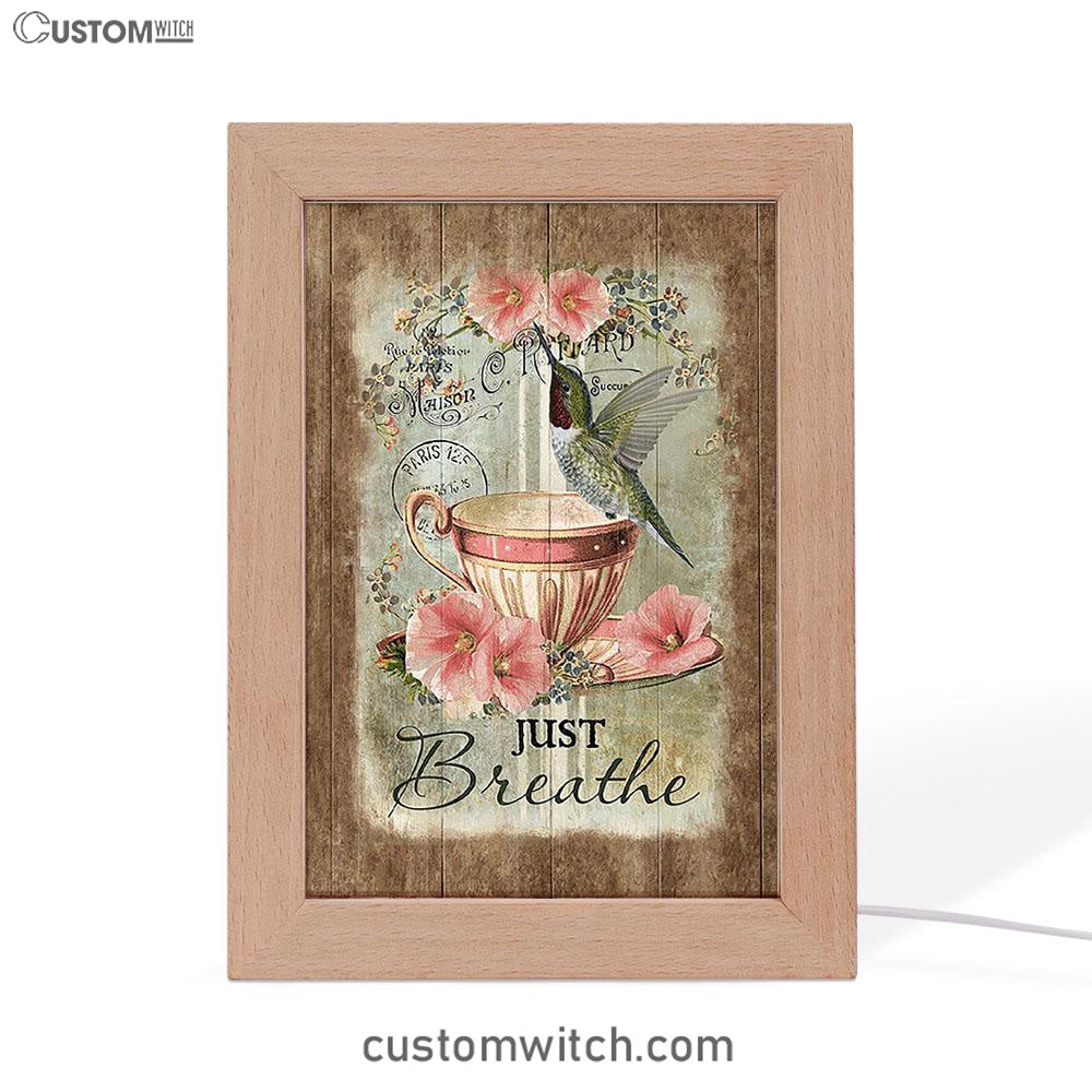 Just Breathe Hummingbird Tea Cup Pink Flowers Vintage Frame Lamp Art - Christian Night Light - Bible Verse Wooden Lamp