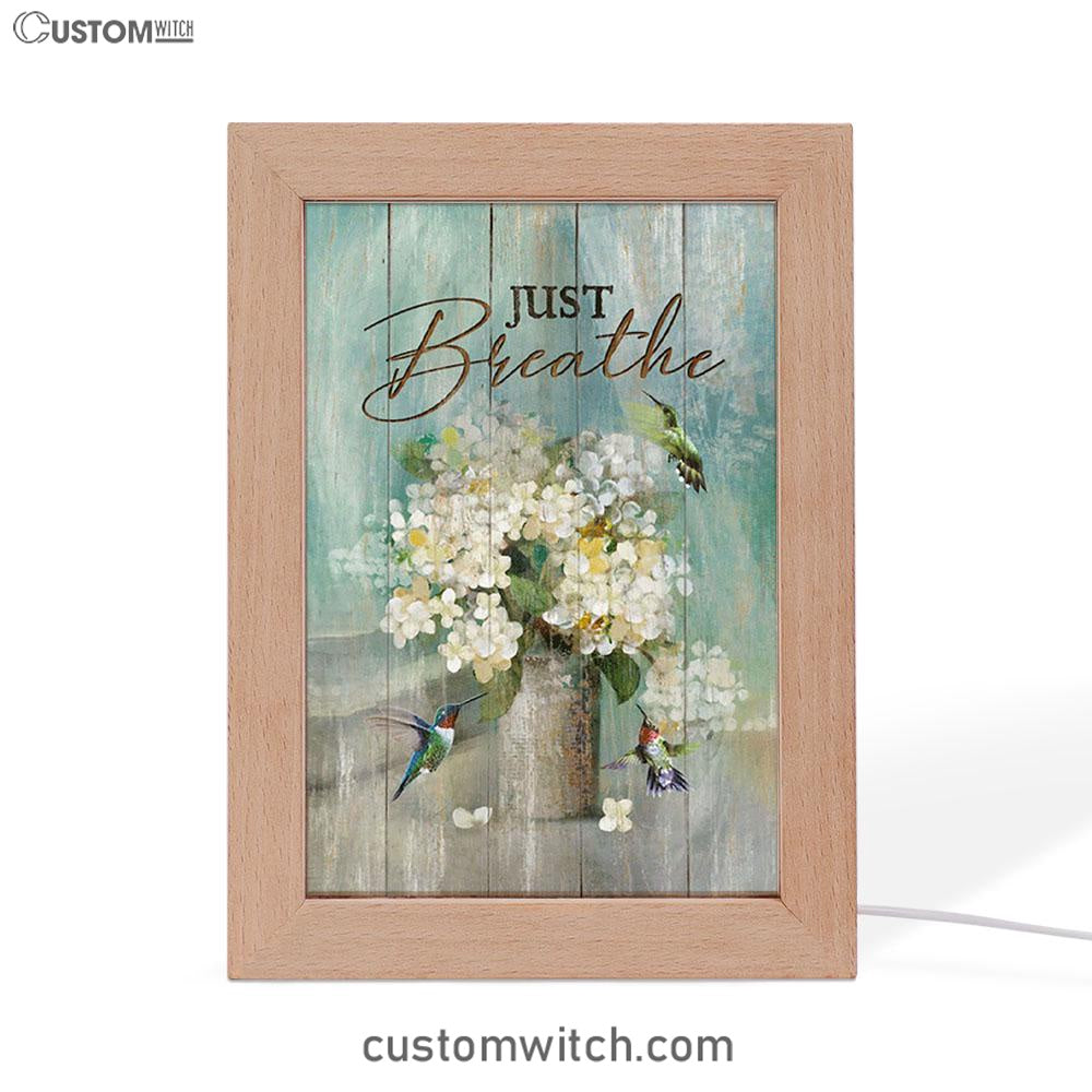 Just Breathe Hummingbird White Flower Art Frame Lamp - Bible Verse Wooden Lamp - Christian Art Home Decor