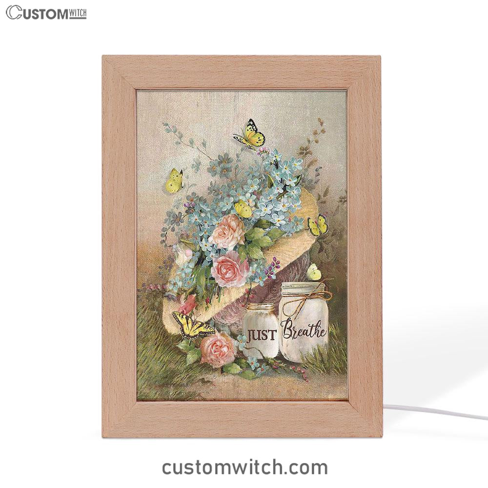 Just Breathe Pastel Flower Vase Yellow Butterfly Frame Lamp Art - Christian Art - Bible Verse Art - Religious Home Decor