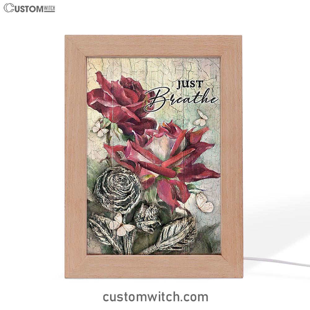 Just Breathe Red Rose Butterfly Frame Lamp Art - Bible Verse Wooden Lamp - Inspirational Art - Christian Home Decor