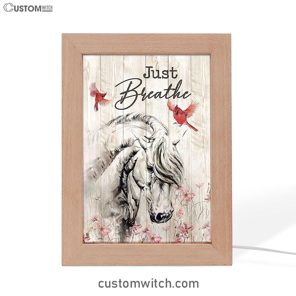 Just Breathe White Horse Red Cardinal Art Frame Lamp - Bible Verse Wooden Lamp - Christian Art Home Decor