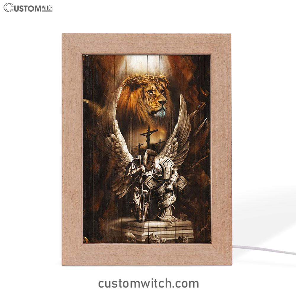 Knight Lion Of Judah Jesus On The Cross Frame Lamp - Lion Frame Lamp Print - Christian Art - Religious Home Decor