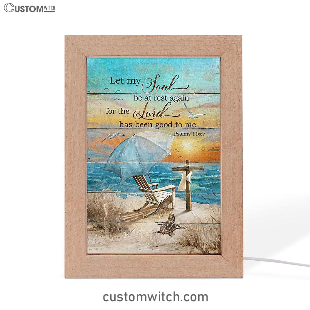 Let My Soul Be At Rest Again Blue Ocean Sunset Wooden Cross Frame Lamp Art - Bible Verse Wooden Lamp - Christian Home Decor
