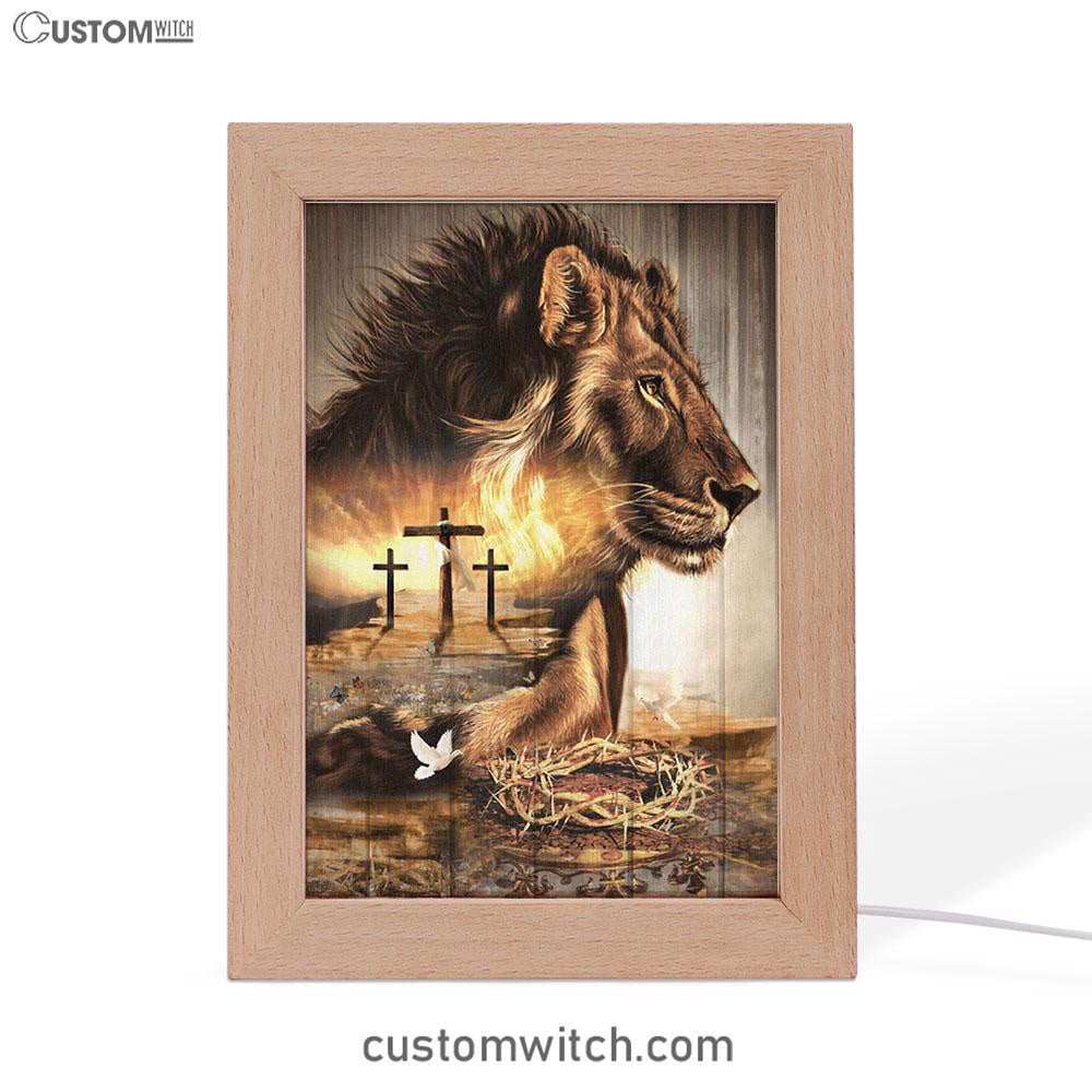 Lion Crow Of Thorns Heaven's Light The King Of All Kings Frame Lamp Prints - Christian Decor - Bible Verse Wooden Lamp