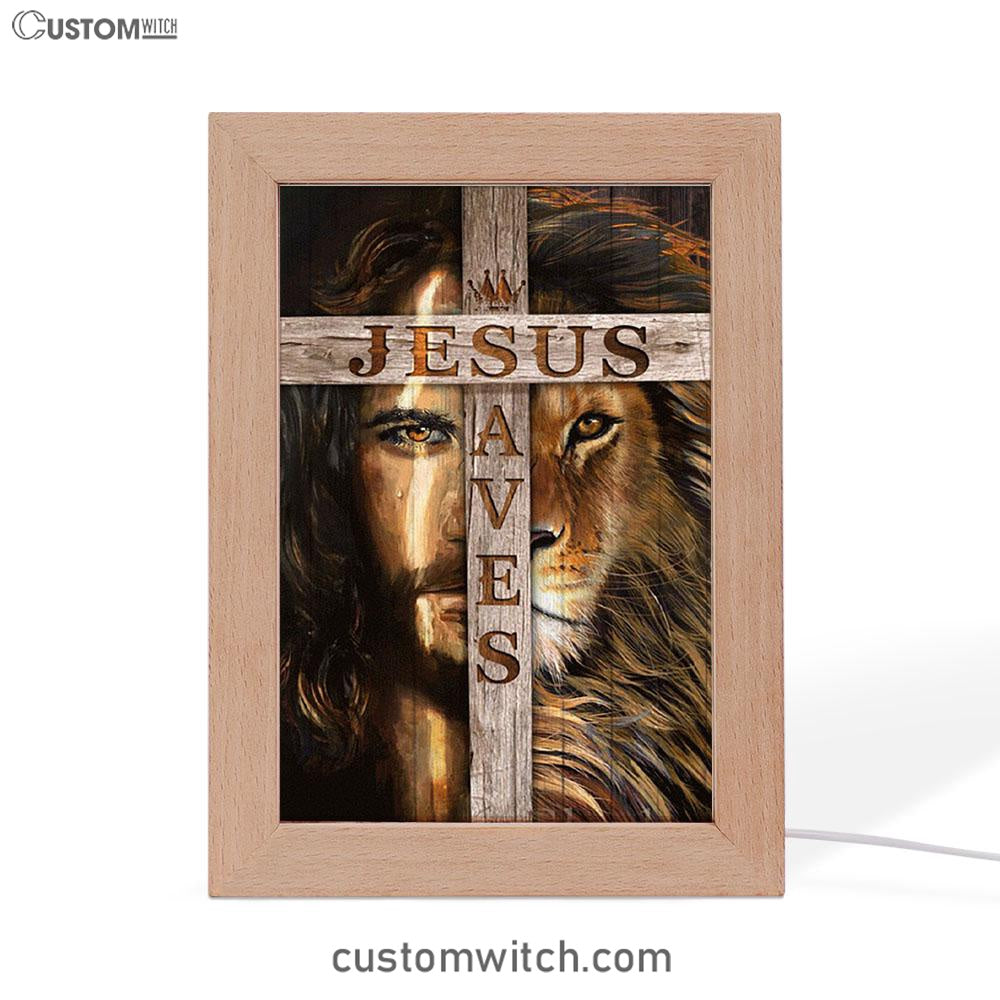 Lion Of Judah Wooden Cross Jesus Saves Frame Lamp - Lion Frame Lamp Print - Christian Art - Religious Home Decor