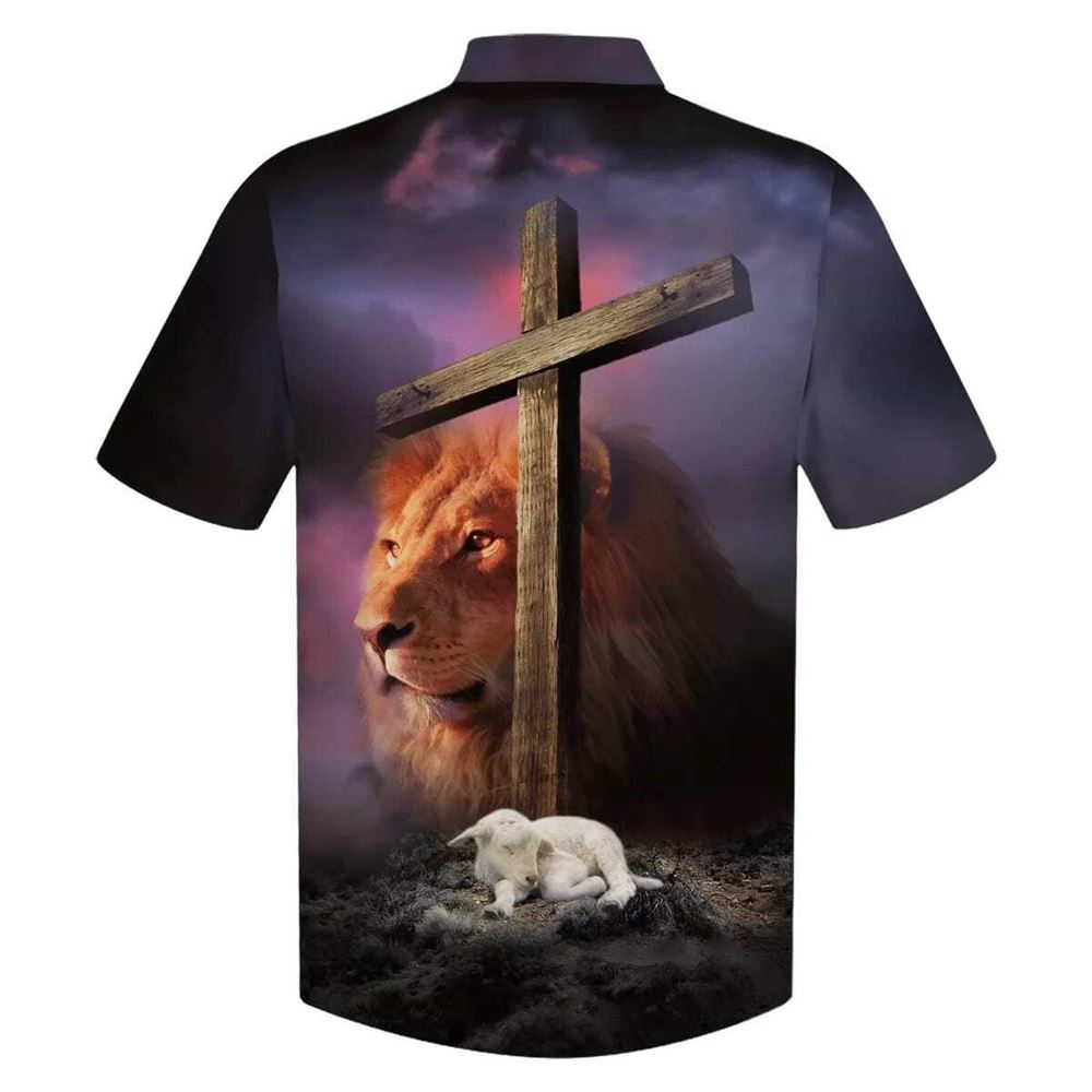 Lion Sheep Wooden Cross Hawaiian Shirt For Men, Christian Hawaiian Shirt, Gift For Christian