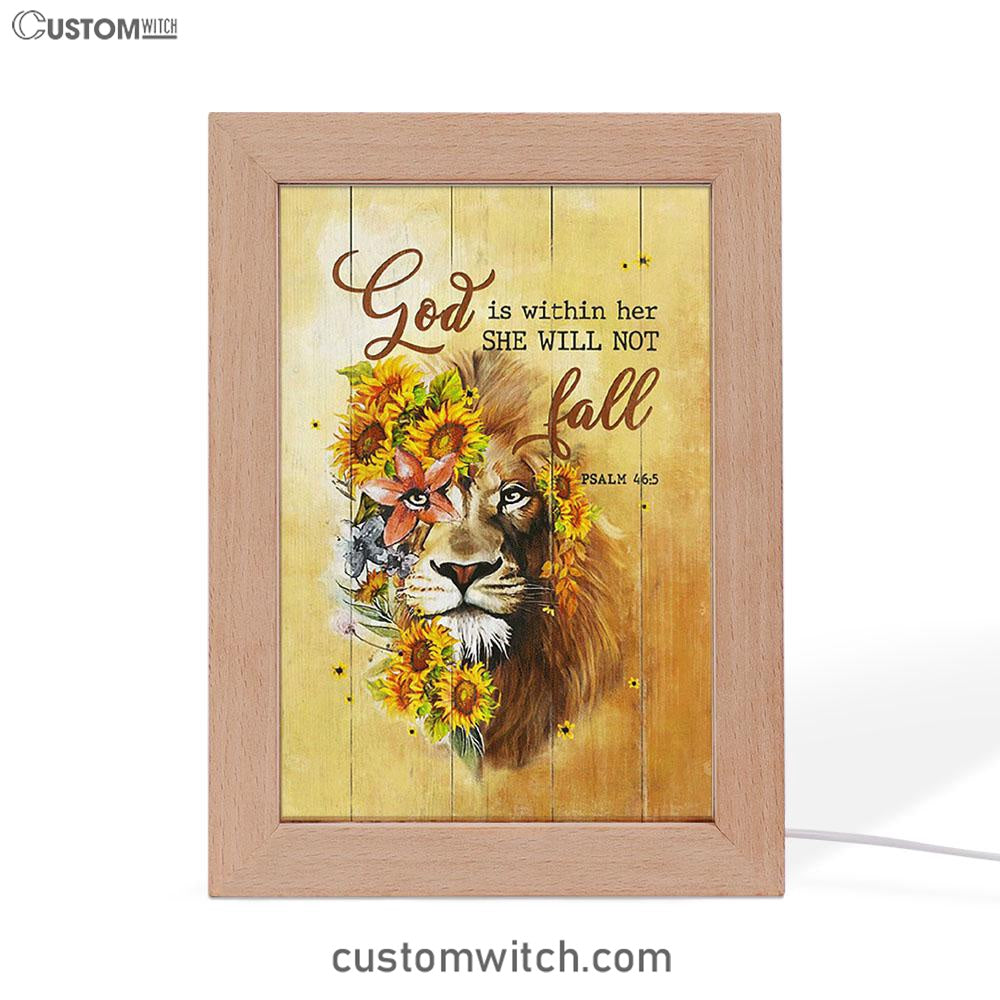 Lion Sunflower God Is Within Her She Will Not Fall Frame Lamp Art - Christian Night Light - Bible Verse Wooden Lamp